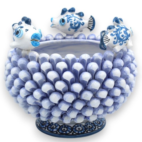 Jarrón Caltagirone Mezza Pigna Ø 23 cm y altura aprox 20 cm. Azul Antiguo con aplicaciones de peces - 
