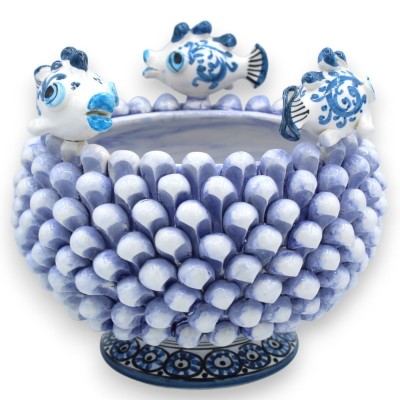 Wazon Caltagirone Mezza Pigna Ø 23 cm i wys. ok. 20 cm. Antyczny błękit z aplikacjami rybnymi - 