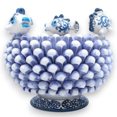 Wazon Caltagirone Mezza Pigna Ø 23 cm i wys. ok. 20 cm. Antyczny błękit z aplikacjami rybnymi - 