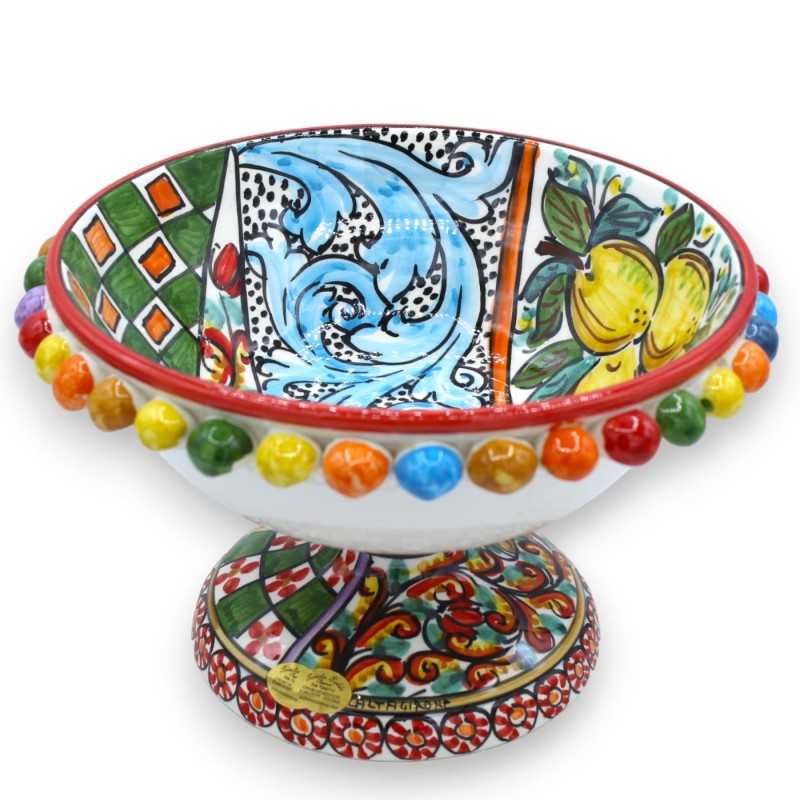 Alzata Pigna Multicolor in ceramica Caltagirone Serie Èlite Ø 26 cm, h 16 cm ca. decoro carretto siciliano - 