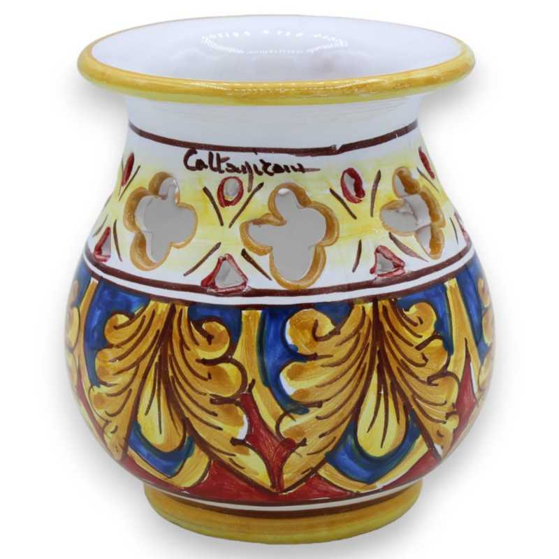 Vasetto traforato in ceramica Caltagirone - h 14 x 12 cm ca. decoro barocco e palme e fondo blu - 