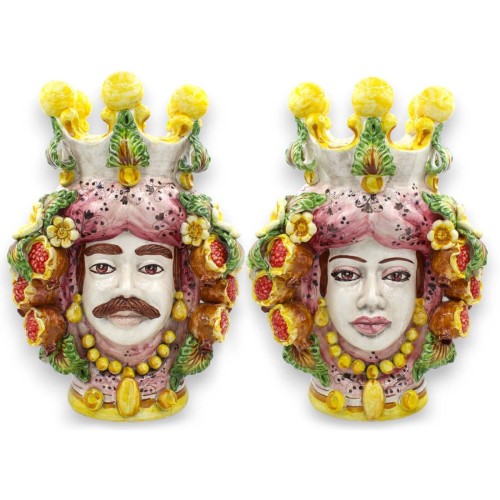 Paar Moorskoppen Caltagirone h ca. 40 cm. Granaatappels en bloemenmodel
