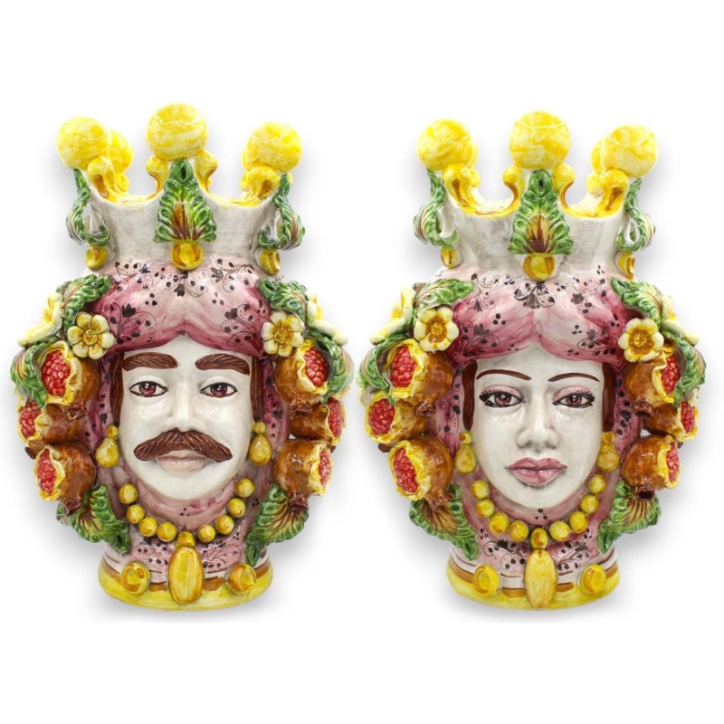 Coppia di Teste di Moro Caltagirone h 40 cm ca. Modello Melograni e Fiori - 
