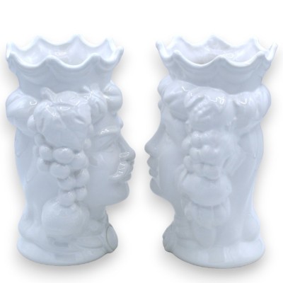 Coppia teste di moro siciliane in ceramica Caltagirone - h 18 cm ca. Bianco Lucido Corona e Frutta - 