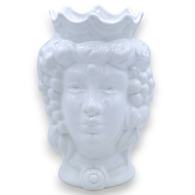 Paire de têtes marron foncé en céramique de Caltagirone - h environ 18 cm Couronne et fruits blancs brillants - 