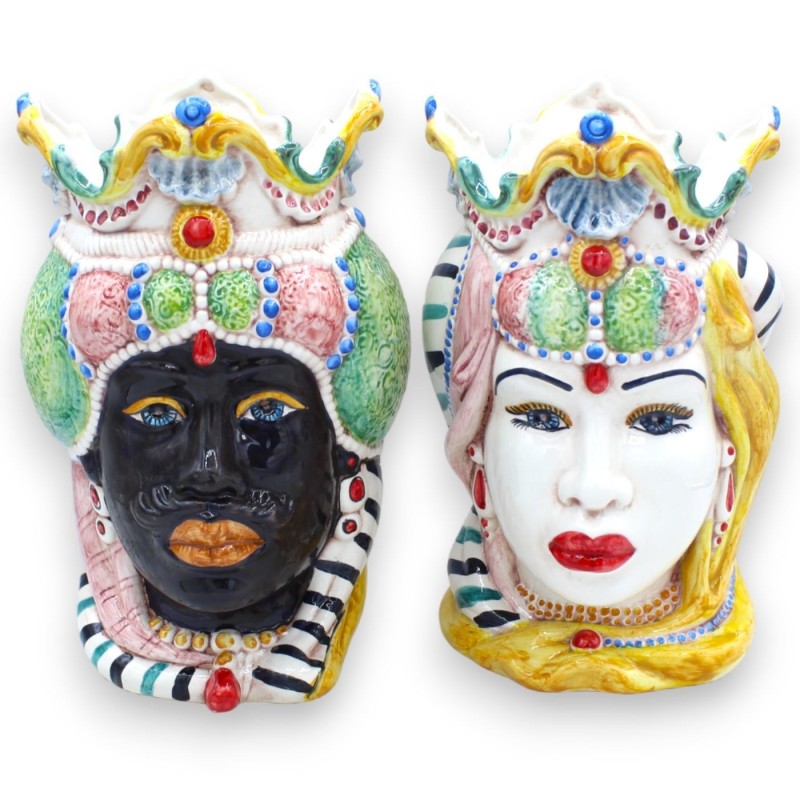 Coppia Teste di moro ceramica Caltagirone, h 25 cm ca. Corona e turbante MD1 - 