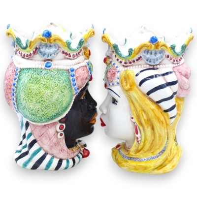 Coppia Teste di moro ceramica Caltagirone, h 25 cm ca. Corona e turbante MD1 - 