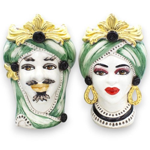 Tête marron foncé en céramique de Caltagirone h environ 28 cm. (1Pc) Détails en or pur 24 carats, turban vert - 