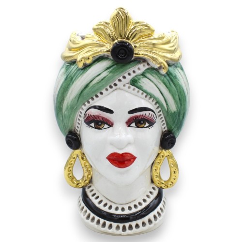 Cabeza marrón oscuro en cerámica de Caltagirone h unos 28 cm. (1Pc) Detalles en oro puro de 24k, turbante verde