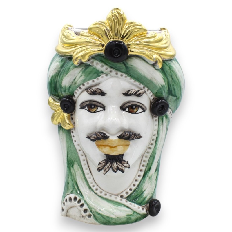 Tête marron foncé en céramique de Caltagirone h environ 28 cm. (1Pc) Détails en or pur 24 carats, turban vert - 