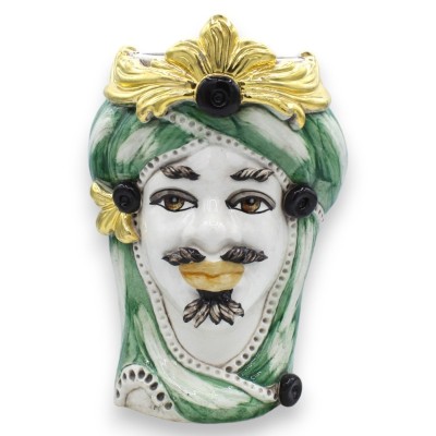 Tête marron foncé en céramique de Caltagirone h environ 28 cm. (1Pc) Détails en or pur 24 carats, turban vert - 