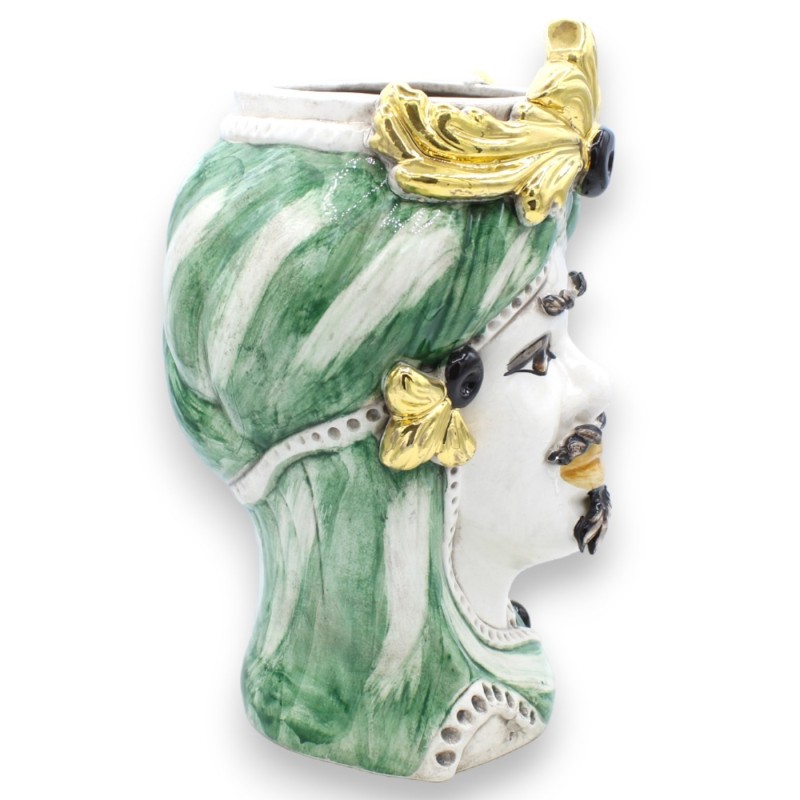 Testa di moro in Ceramica Caltagirone h 28 cm ca. (1Unità) dettagli in oro zecchino 24k, turbante verde - 