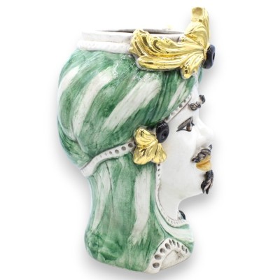 Dunkelbrauner Kopf aus Caltagirone-Keramik, Höhe ca. 28 cm. (1 Stück) Details aus 24-karätigem reinem Gold, grüner Turba
