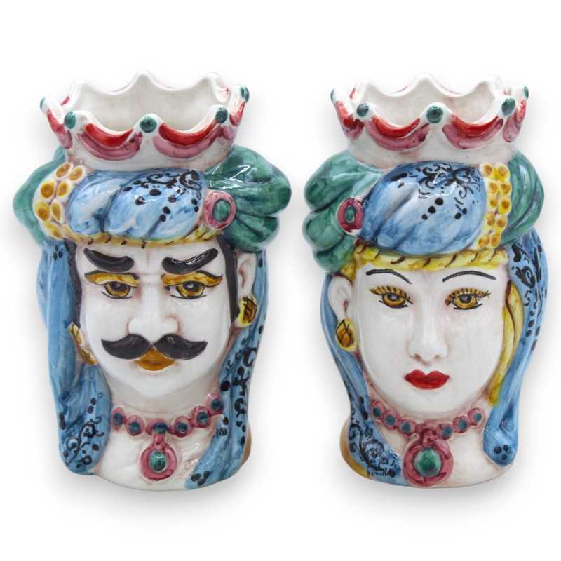 Coppia Teste di moro in ceramica Caltagirone, h 13 / 14 cm ca. corona e turbante, multicolore M01 - 