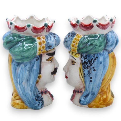 Coppia Teste di moro in ceramica Caltagirone, h 13 / 14 cm ca. corona e turbante, multicolore M01 -  2