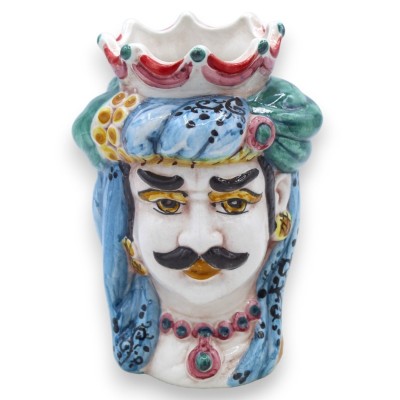 Coppia Teste di moro in ceramica Caltagirone h 13 / 14 cm ca. corona e turbante MD1 - 
