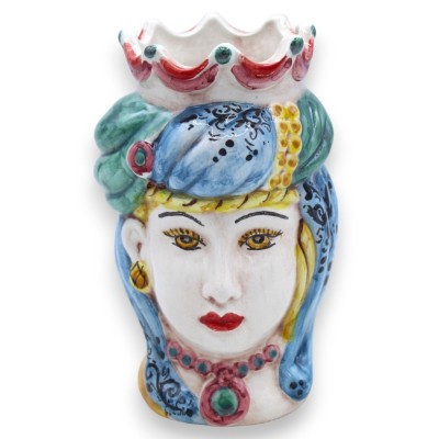 Coppia Teste di moro in ceramica Caltagirone h 13 / 14 cm ca. corona e turbante MD1 - 