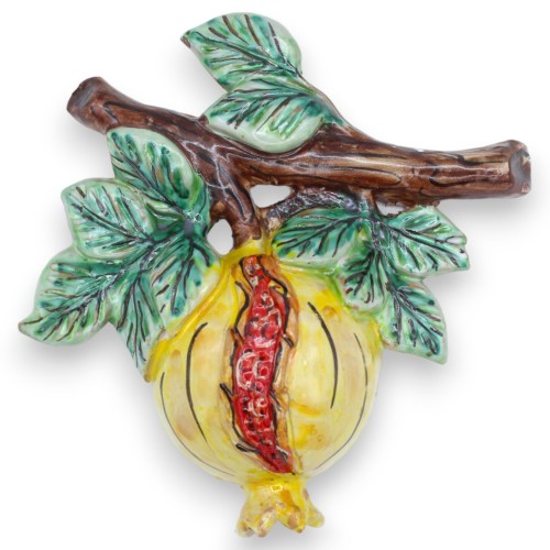 Romã cerâmica Caltagirone com ramo e folhas - H 20 cm x 20 cm aprox. - 