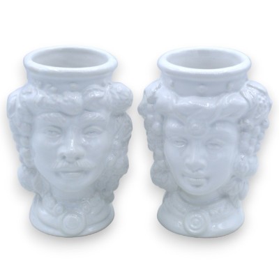 Coppia Teste di Moro in ceramica Caltagirone, h cm 10 / 11 cm ca. Bianco Lucido - 