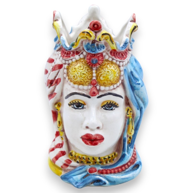 Coppia Teste di moro Emiri in ceramica Caltagirone h 13 / 14 cm ca. con corona MD7 - 