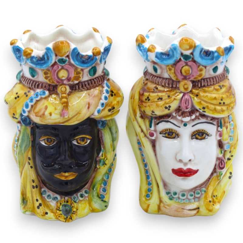 Par de cabeças castanhas escuras em cerâmica Caltagirone, h cerca de 13/14 cm. coroa e turbante MD13 - 