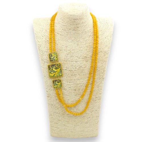 Collana con doppio filo di pietra occhio di gatto h 70 cm ca. Tris di Piastrelle in pietra lavica con cristalli e maioli