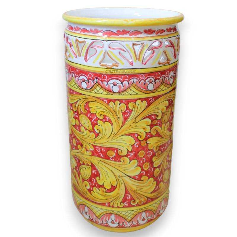 Cylindrical umbrella stand in Caltagirone ceramic with ornate baroque decoration on a red background - 