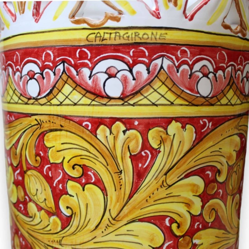 Cylindrical umbrella stand in Caltagirone ceramic with ornate baroque decoration on a red background - 