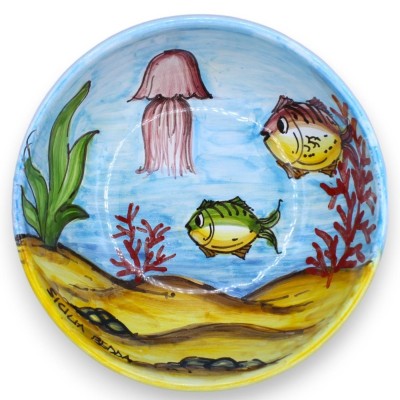 Piatto ciotola fondo, in ceramica Caltagirone - Ø 20 cm x h 8 cm ca. (1Pz) Decoro a tema paesaggio marino casuale - 