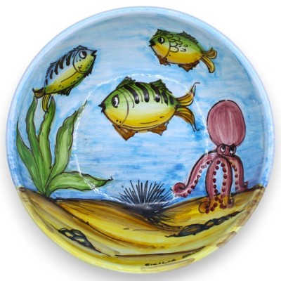 Piatto ciotola fondo, in ceramica Caltagirone - Ø 20 cm x h 8 cm ca. (1Pz) Decoro a tema paesaggio marino casuale - 
