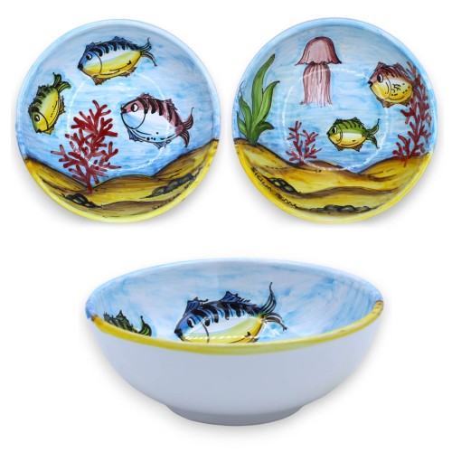 Piatto ciotola fondo, in ceramica Caltagirone - Ø 20 cm x h 8 cm ca. (1Pz) Decoro a tema paesaggio marino casuale - 
