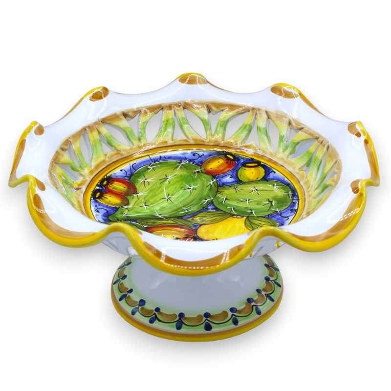 Alzata Centrotavola traforata ceramica Caltagirone, con 3 opzioni dimensione (1pz) ficodindia, limone e melograno - 