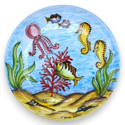 Piatto Ornamentale in pregiata ceramica Siciliana Ø 30 cm ca. (1Unità) Decoro fondale marino Casuale - 
