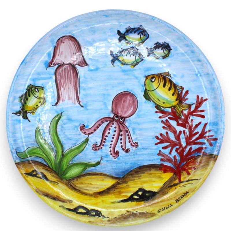 Piatto Ornamentale in pregiata ceramica Siciliana Ø 30 cm ca. (1Unità) Decoro fondale marino Casuale - 