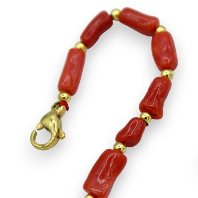 Bracciale con Cannucce di Corallo e Chiusura in Ottone, L 20 cm ca. - 
