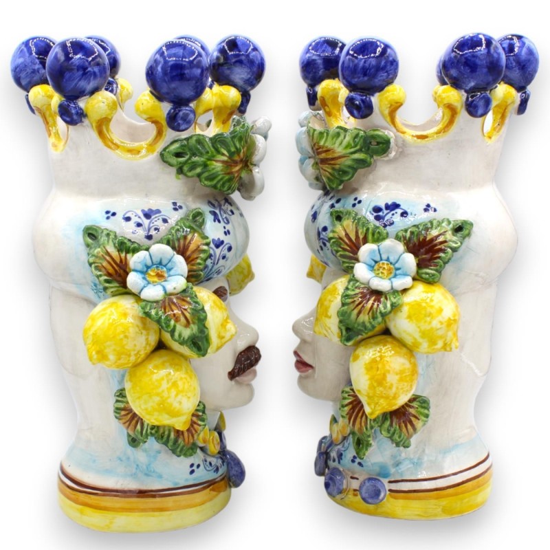 Cabeça de Mouro Caltagirone h aproximadamente 30 cm (1pc) Opção Homem ou Mulher - Fundo Azul com Coroa, Limões e Flores 