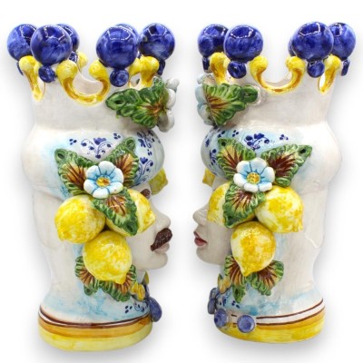 Moorkop Caltagirone h ca. 30 cm (1pc) Optie voor man of vrouw - blauwe achtergrond met kroon, citroenen en bloemen - 