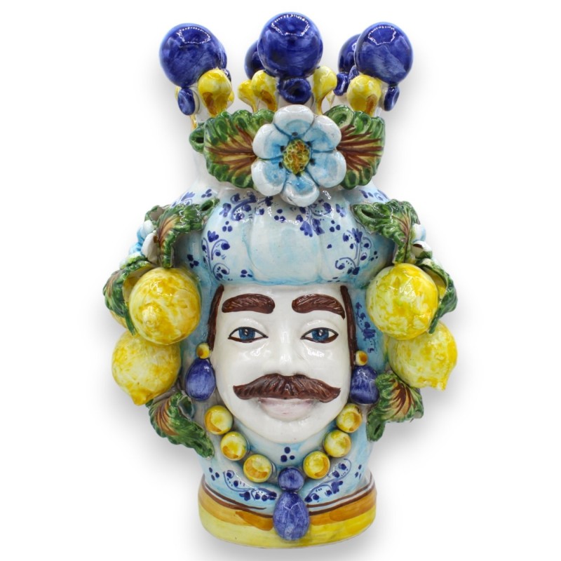 Moorkop Caltagirone h ca. 30 cm (1pc) Optie voor man of vrouw - blauwe achtergrond met kroon, citroenen en bloemen - 