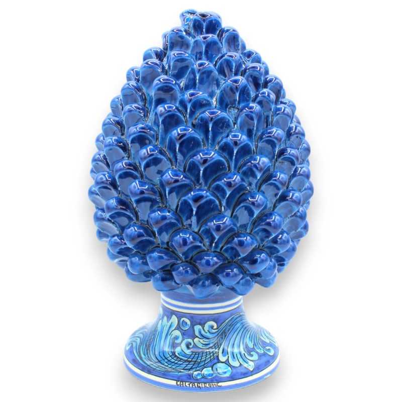 Sicilian Pine Cone in Caltagirone Ceramic, Antique Blue, 2 size options (1pc) base with blue baroque decoration - 
