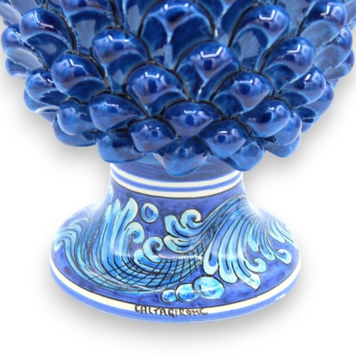 Sicilian Pine Cone in Caltagirone Ceramic, Antique Blue, 2 size options (1pc) base with blue baroque decoration -  2