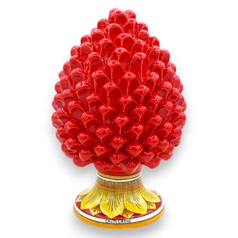 Sicilian pine cone in Caltagirone ceramic, red, 2 size options (1pc) base with yellow leaves decoration - 