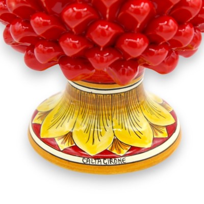 Siciliaanse dennenappel in Caltagirone-keramiek, rood, 2 maatopties (1 stuk) basis met gele bladerendecoratie - 