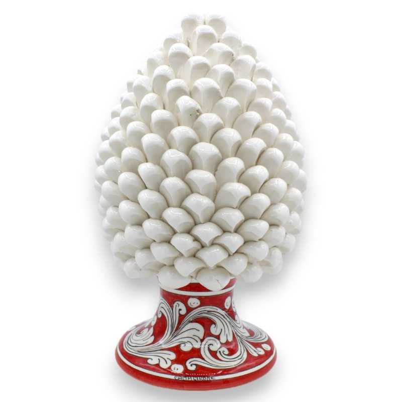 Sicilian Pinecone in Caltagirone Ceramics, White, 2 size options (1pc) base with baroque decoration on a red background 