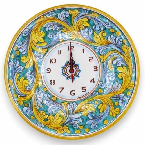 Orologio in ceramica Caltagirone - Ø 30 cm ca. Completo di Ingranaggio, decoro Barocco su fondo verderame -