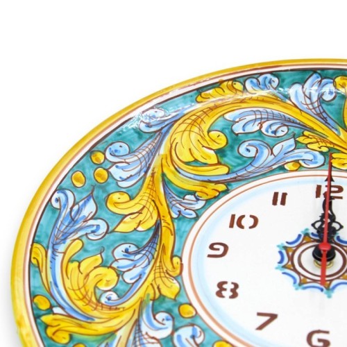 Horloge en céramique Caltagirone - Ø environ 30 cm Complet avec engrenage, décor baroque sur fond vert-de-gris -  2