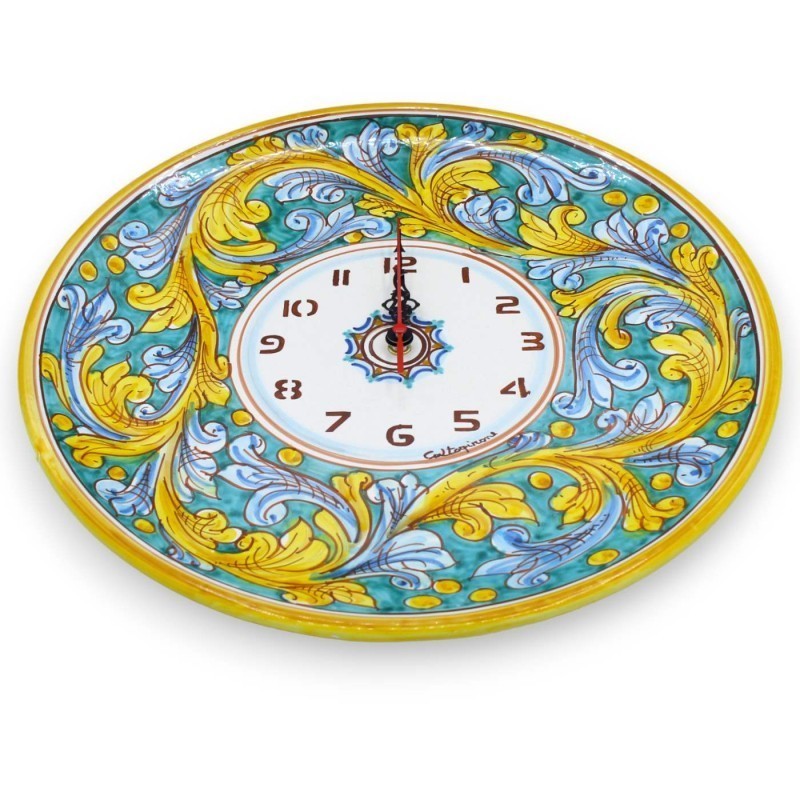 Orologio in ceramica Caltagirone - Ø 30 cm ca. Completo di Ingranaggio, decoro Barocco su fondo verderame -  Orologio in ceramica Caltagirone - Ø 30 cm ca. Completo di Ingranaggio, decoro Barocco su fondo verderame -