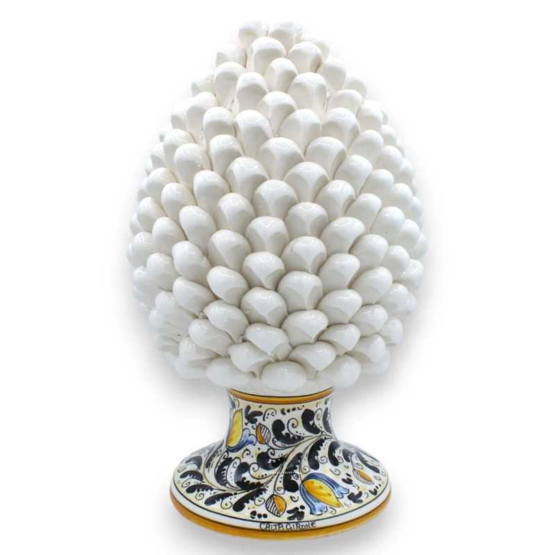 Cono de pino siciliano en cerámica de Caltagirone, blanco, base de 2 opciones de tamaño (1 pieza) con decoración floral 