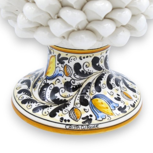 Cono de pino siciliano en cerámica de Caltagirone, blanco, base de 2 opciones de tamaño (1 pieza) con decoración floral  2