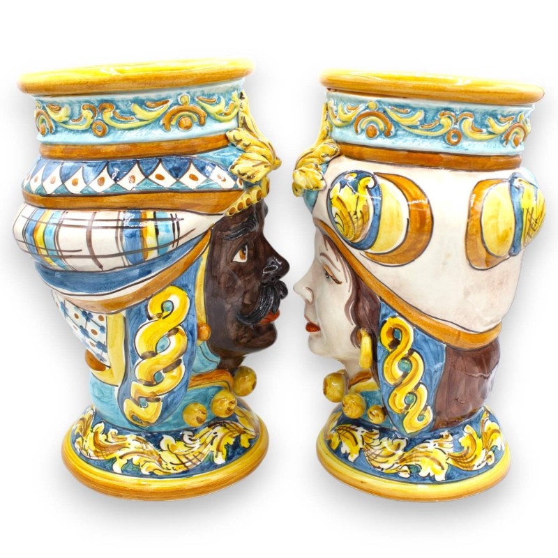 Pair of Moor's Heads Caltagirone h 30 / 31 cm approx. baroque decoration and applications - 