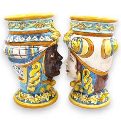 Pair of Moor's Heads Caltagirone h 30 / 31 cm approx. baroque decoration and applications - 